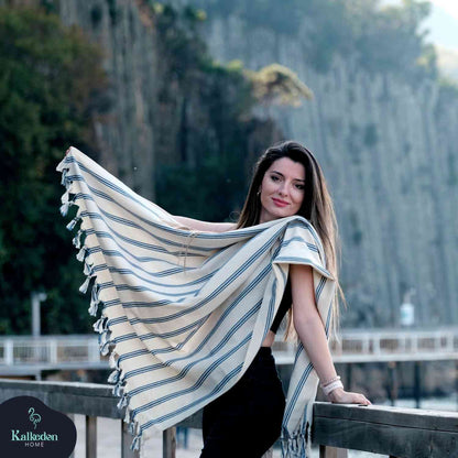 Dark Blue Striped Handwoven Turkish Towel - - Towels