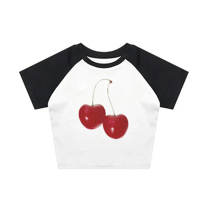 Harajuku Cherry Graphic Print T-Shirt - Pink -