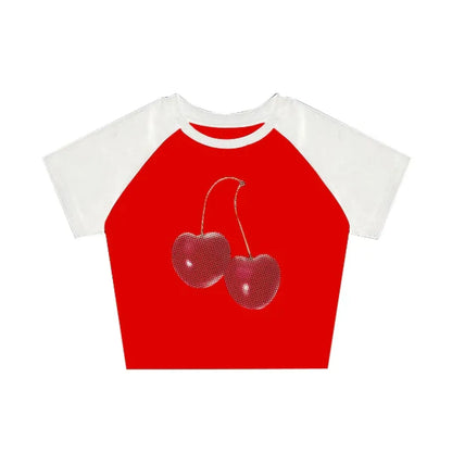 Harajuku Cherry Graphic Print T-Shirt - Red -