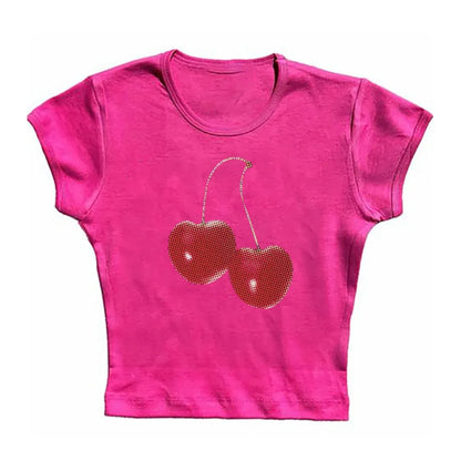 Harajuku Cherry Graphic Print T-Shirt - Blue -