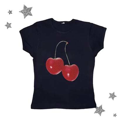 Harajuku Cherry Graphic Print T-Shirt - Brown -