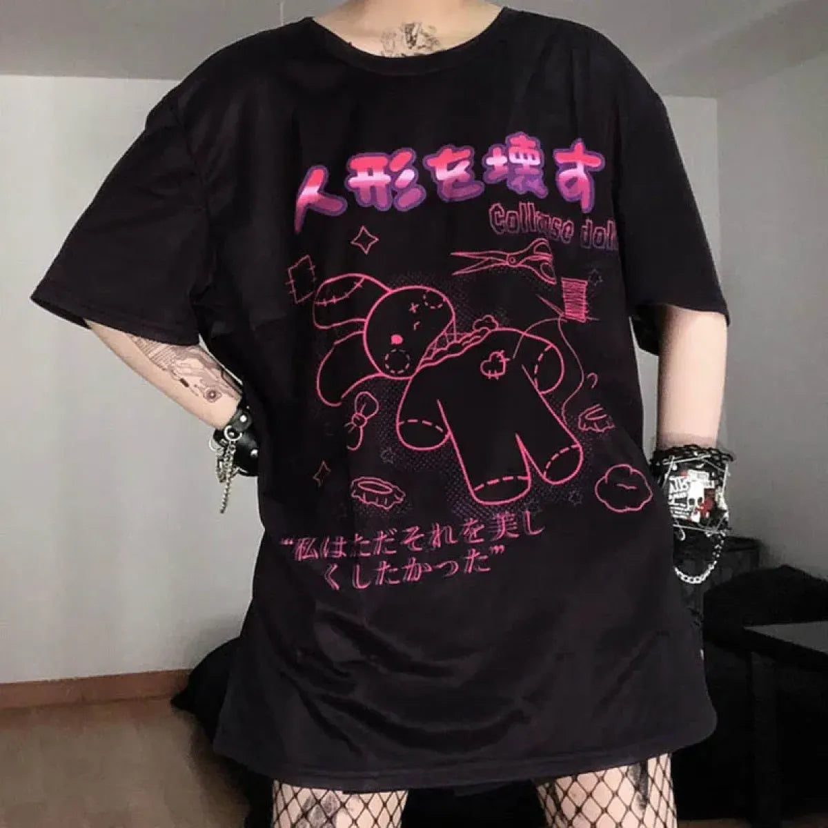 Harajuku Hopper Tee – Cyberpunk Bunny Graphic Crop Top - -