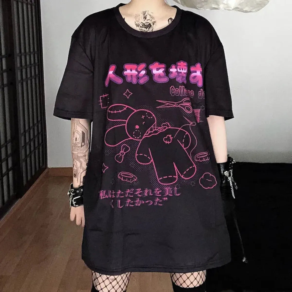 Harajuku Hopper Tee – Cyberpunk Bunny Graphic Crop Top - -