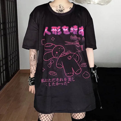 Harajuku Hopper Tee – Cyberpunk Bunny Graphic Crop Top - -