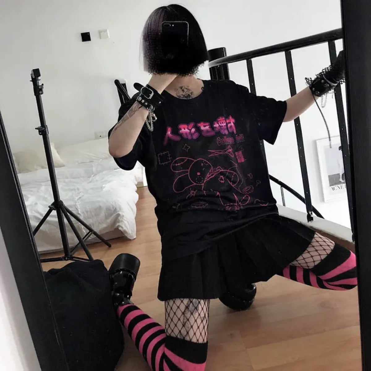 Harajuku Hopper Tee – Cyberpunk Bunny Graphic Crop Top - -