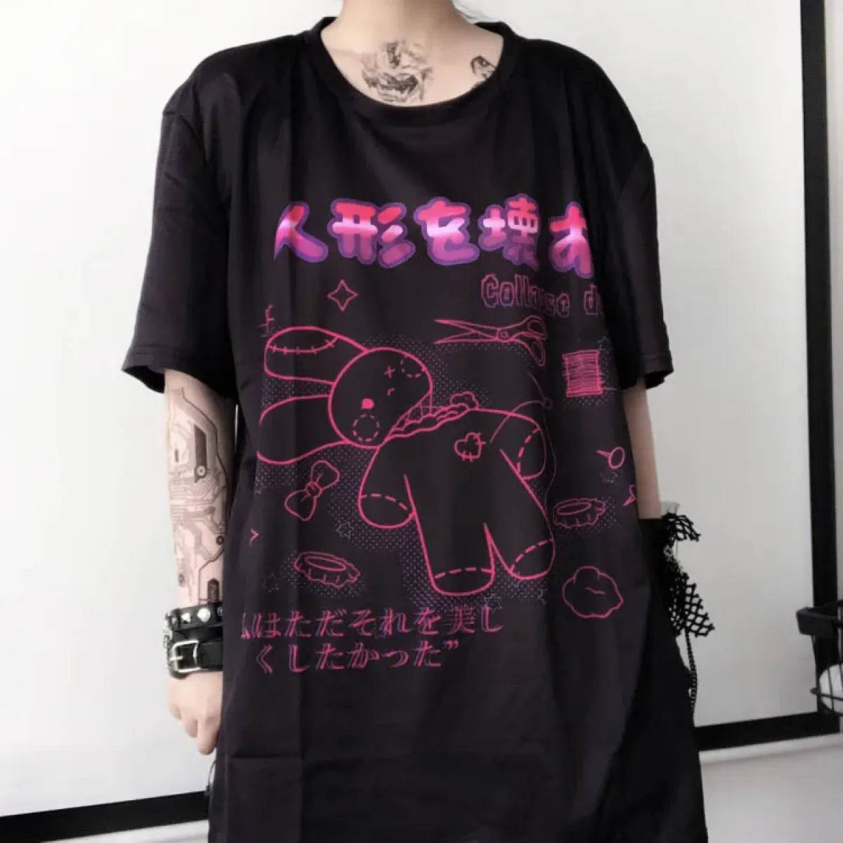 Harajuku Hopper Tee – Cyberpunk Bunny Graphic Crop Top - Black -