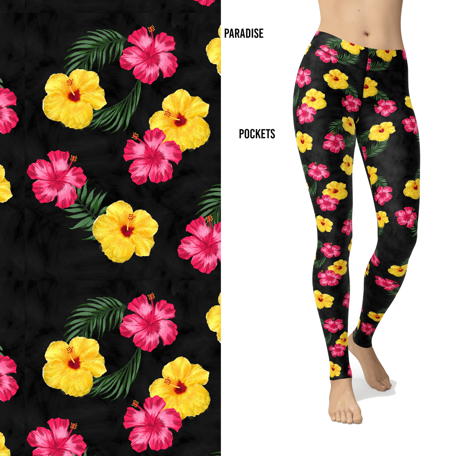 Paradise Hawaiian Hibiscus Pink Yellow Leggings with Pockets - XXS-XS = Tween (XS-Small) - Apparel