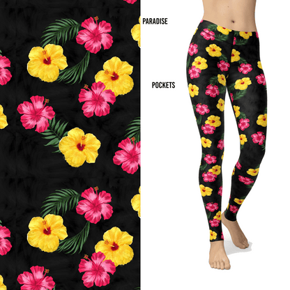 Paradise Hawaiian Hibiscus Pink Yellow Leggings with Pockets - XXS-XS = Tween (XS-Small) - Apparel