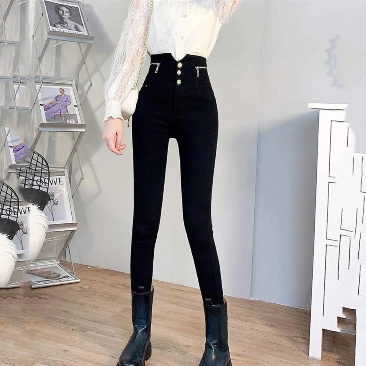 Korean Fashion High Waist Pencil Pants - Black -