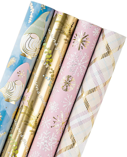 4 Rolls WRAPAHOLIC Gnome Gold and Pastel Elf Holiday Metallic Foil Wrapping Paper - - wrapping paper