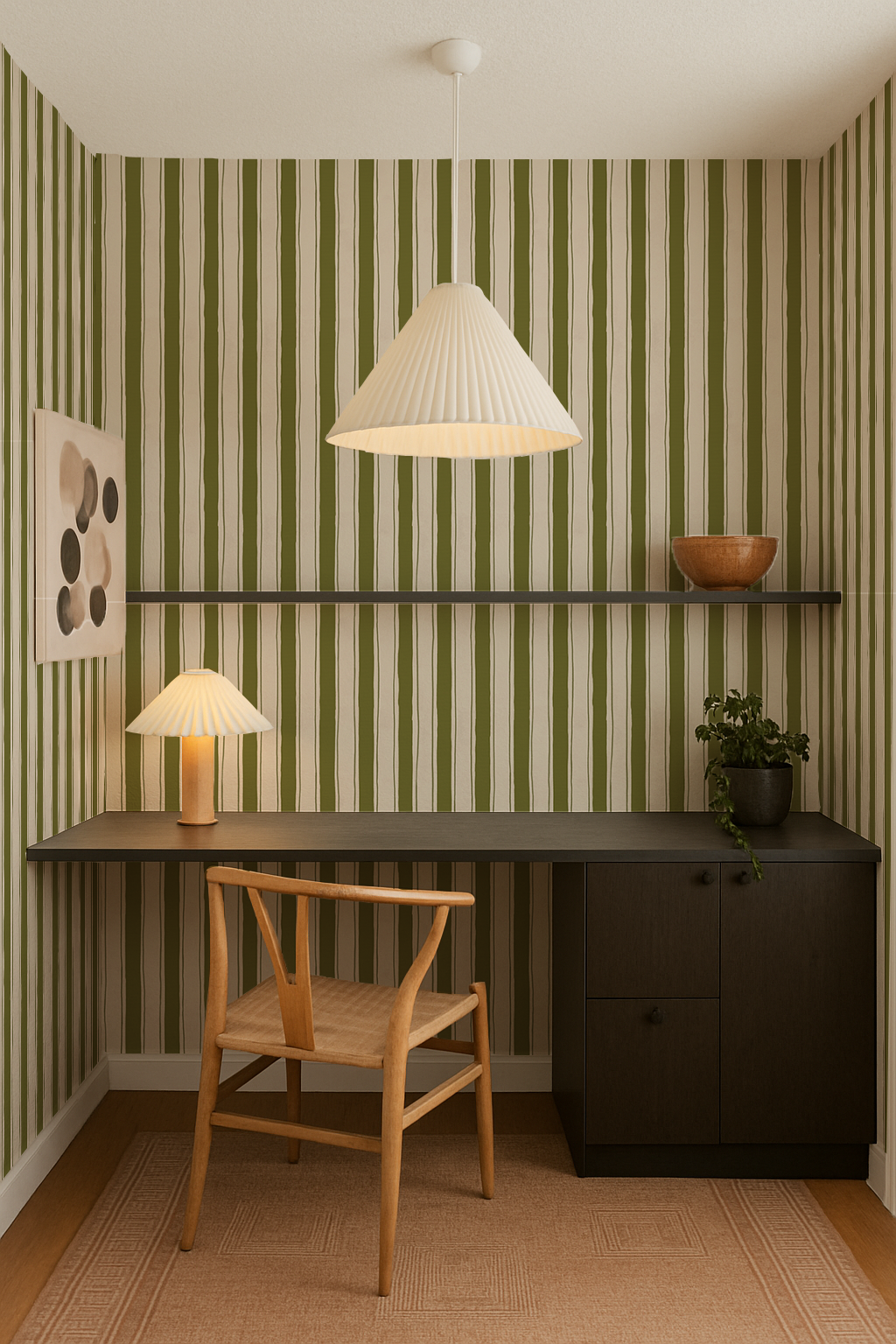 Riviera Stripe Wallpaper, off-white and olive green- Samantha Santana Creative- {{Product type}}