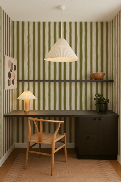 Riviera Stripe Wallpaper, off-white and olive green- Samantha Santana Creative- {{Product type}}