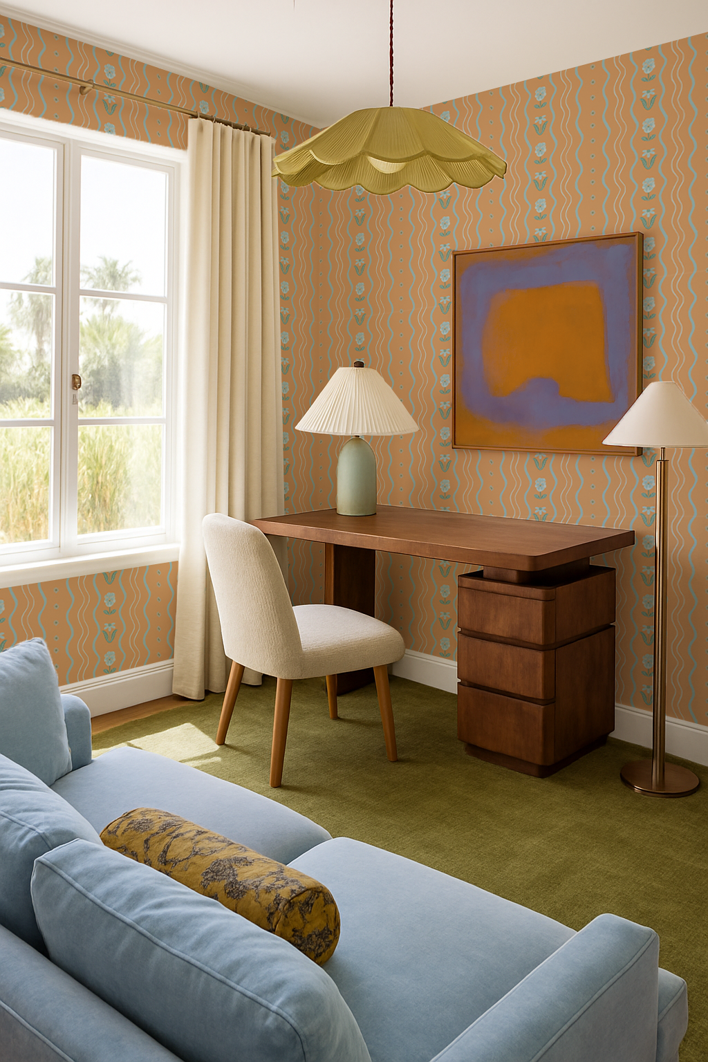 Posy Lane Stripe Wallpaper, apricot and light blue- Samantha Santana Creative- {{Product type}}