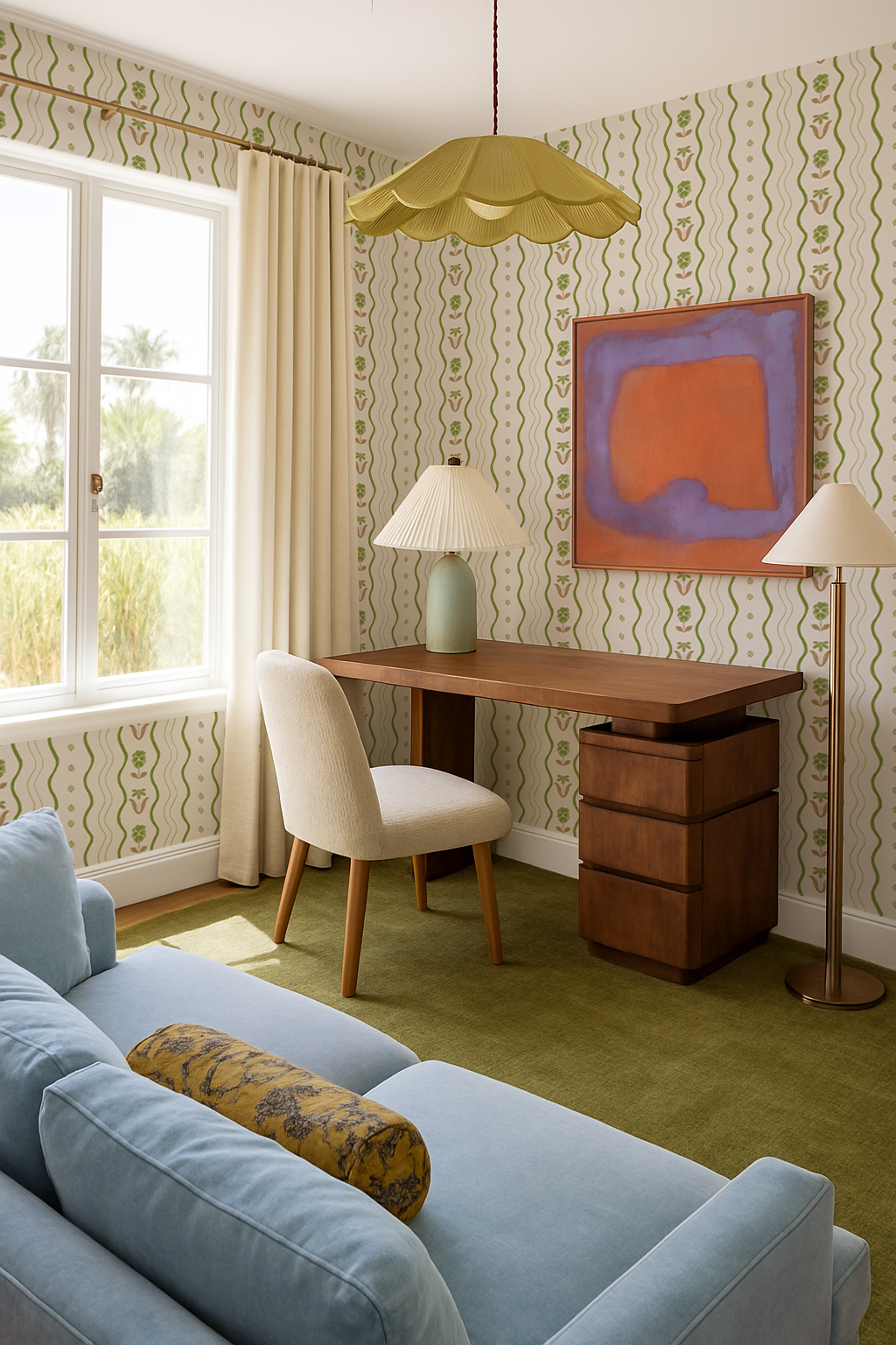 Posy Lane Stripe Wallpaper, beige and green- Samantha Santana Creative- {{Product type}}