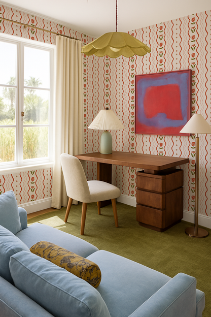 Posy Lane Stripe Wallpaper, beige and poppy red- Samantha Santana Creative- {{Product type}}
