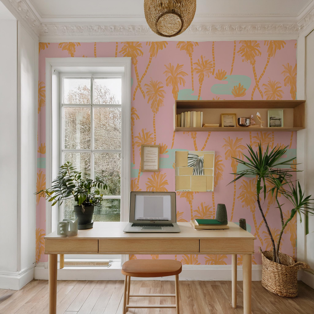 Palm Oasis Wallpaper, pink and orange- Samantha Santana Creative- {{Product type}}