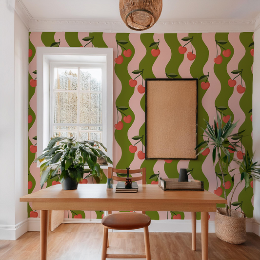 Wavy Cherry Wallpaper, pink and green - - Wallpaper