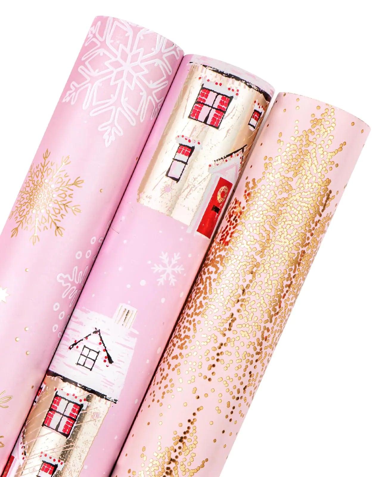 WRAPAHOLIC Christmas Wrapping Paper Roll - Mini Roll - 3 Rolls - 17 Inch X 120 Inch Per Roll - Pink and Gold House Christmas tree Snowflake Holiday Collection with Metallic Foil Shine Kia Day Design