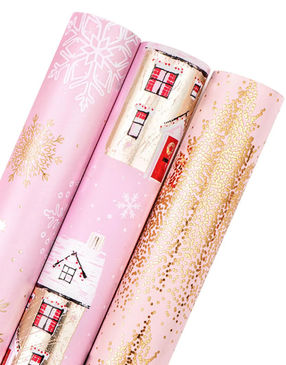 WRAPAHOLIC Christmas Wrapping Paper Roll - Mini Roll - 3 Rolls - 17 Inch X 120 Inch Per Roll - Pink and Gold House Christmas tree Snowflake Holiday Collection with Metallic Foil Shine Kia Day Design