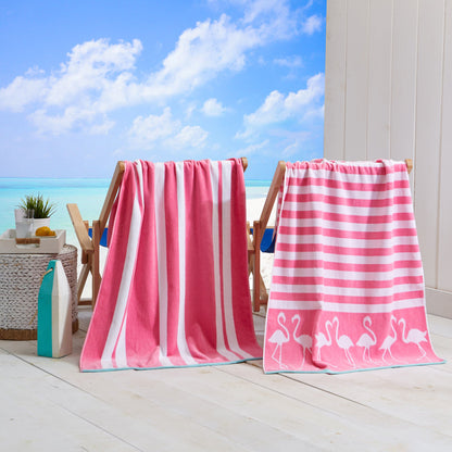 Cotton Velour Beach Towel - Maui Collection - 2 Pack- 30" x 60" Pink White Flamingo & Stripe - Beach Towels