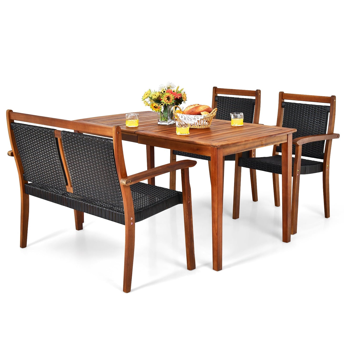 4 Pieces Acacia Wood Patio Rattan Dining Furniture Set- DirectDeals- {{Product type}}