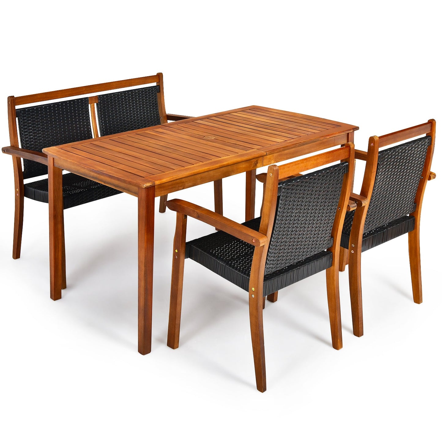 4 Pieces Acacia Wood Patio Rattan Dining Furniture Set- DirectDeals- {{Product type}}