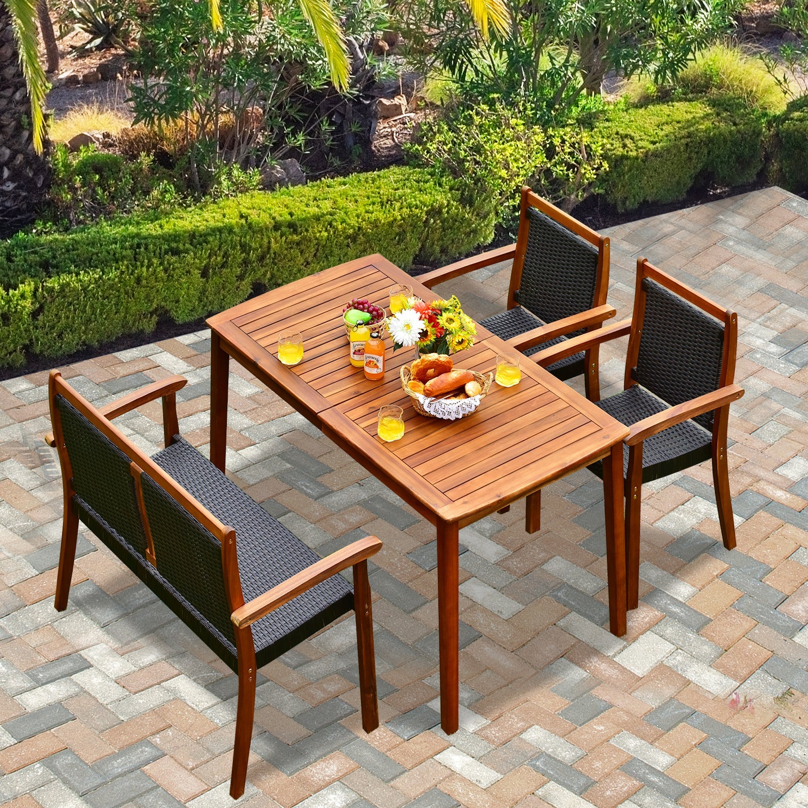 4 Pieces Acacia Wood Patio Rattan Dining Furniture Set- DirectDeals- {{Product type}}