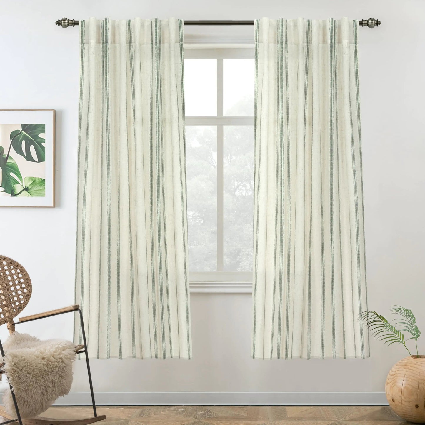 Loden Green Vertical Striped Linen Textured Semi Sheer 63-Inch-Long Curtains 2 Panels - Kia Day Design