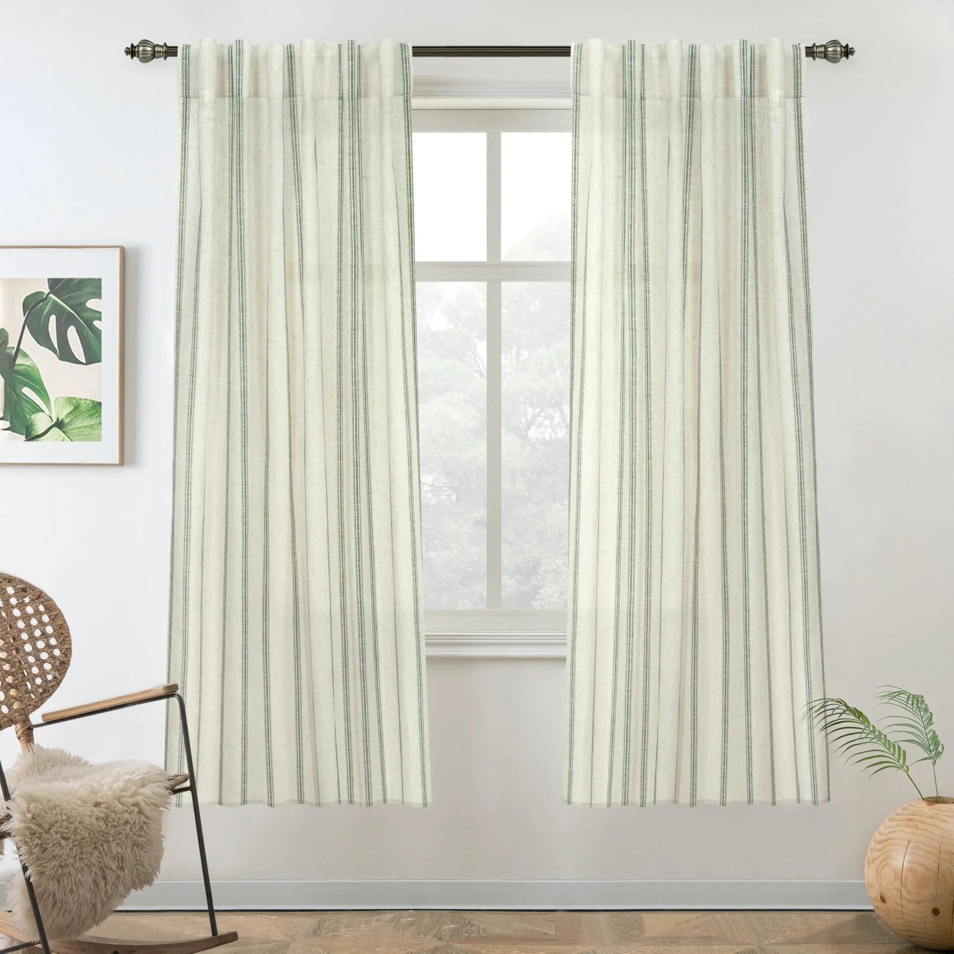 Loden Green Vertical Striped Linen Textured Semi Sheer 63-Inch-Long Curtains 2 Panels - Kia Day Design