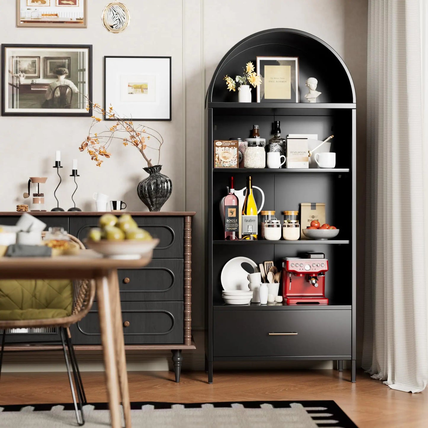 Black Metal Arched Bookshelf with Drawer - - Shelf