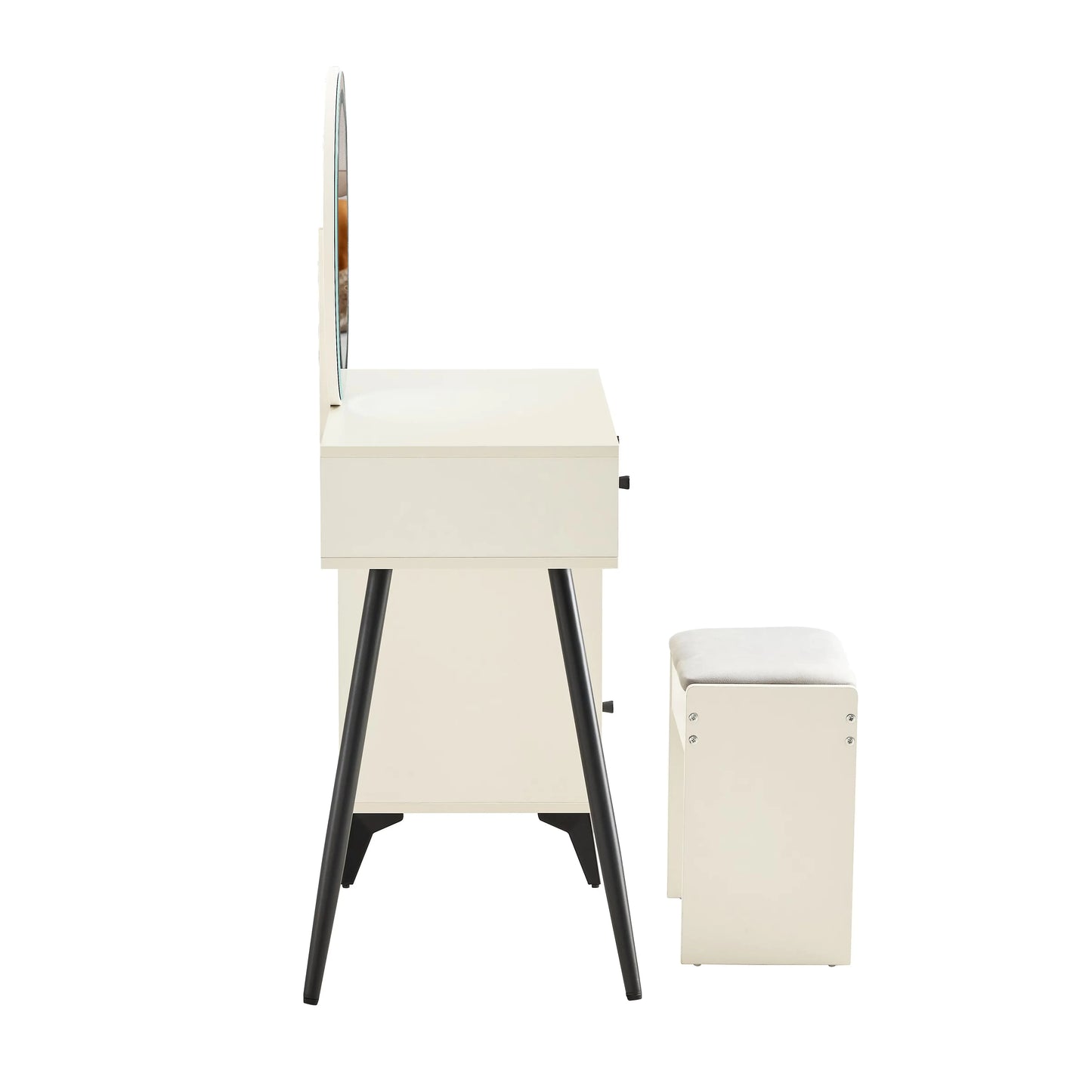 Fluted Makeup Vanity Desk With Round LED Mirror And Lights - - vanity