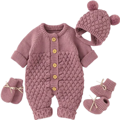 Baby Knit Set - Romper, Beanie, Mittens & Booties PINK