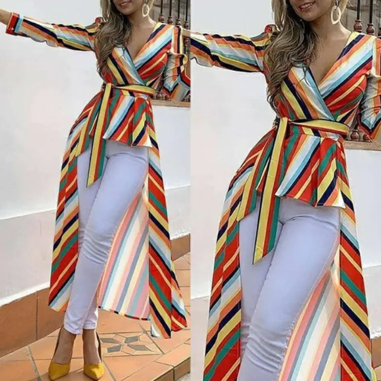 Rainbow Striped Long Sleeve Tie Blouse - Picture color 2XL - Women's Fashion - Women's Clothing - Blouses & Shirts