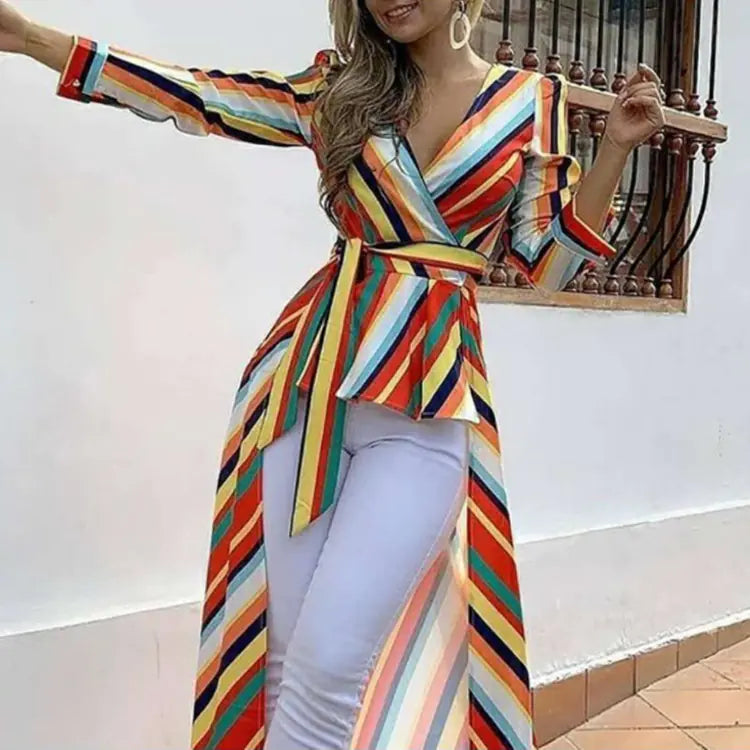 Rainbow Striped Long Sleeve Tie Blouse - - Women's Fashion - Women's Clothing - Blouses & Shirts
