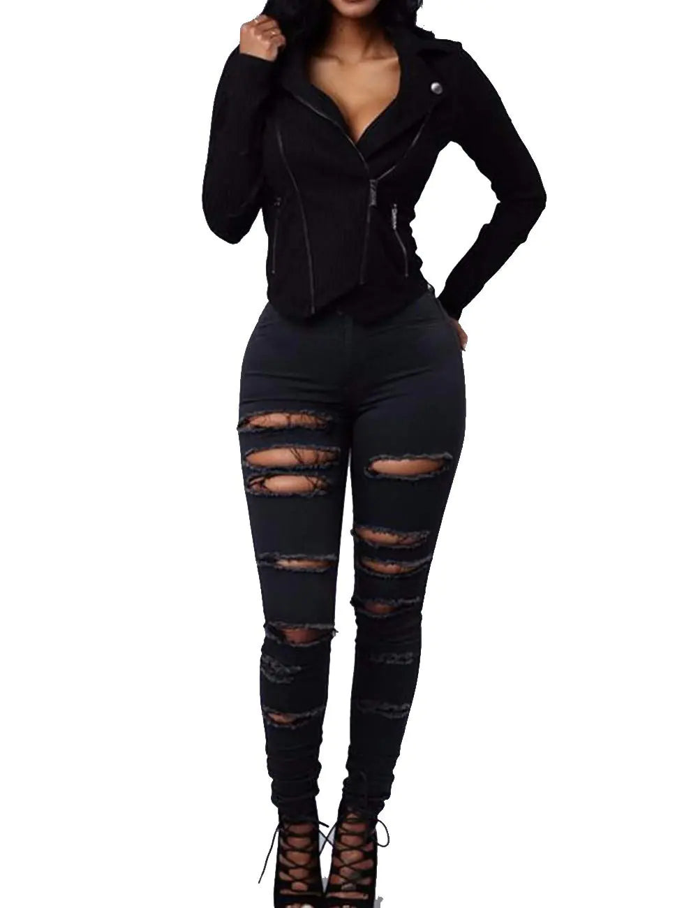 Sexyshine Womens High Waisted Skinny Destroyed Ripped Hole Denim Pants Long Stretch Pencil Jeans(BLL) A-Black - Kia Day Design