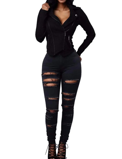 Sexyshine Womens High Waisted Skinny Destroyed Ripped Hole Denim Pants Long Stretch Pencil Jeans(BLL) A-Black - Kia Day Design