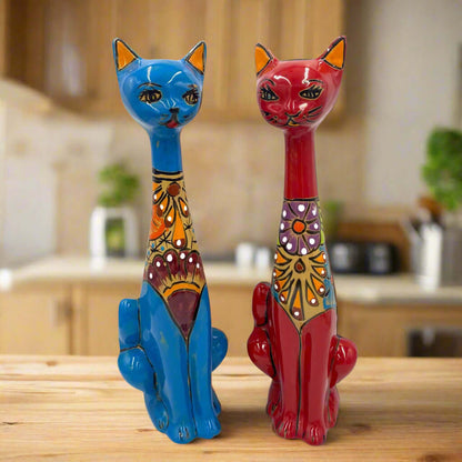 Mexican Handmade Talavera Cat Statue Cultural Artwork - - Talavera Statue
