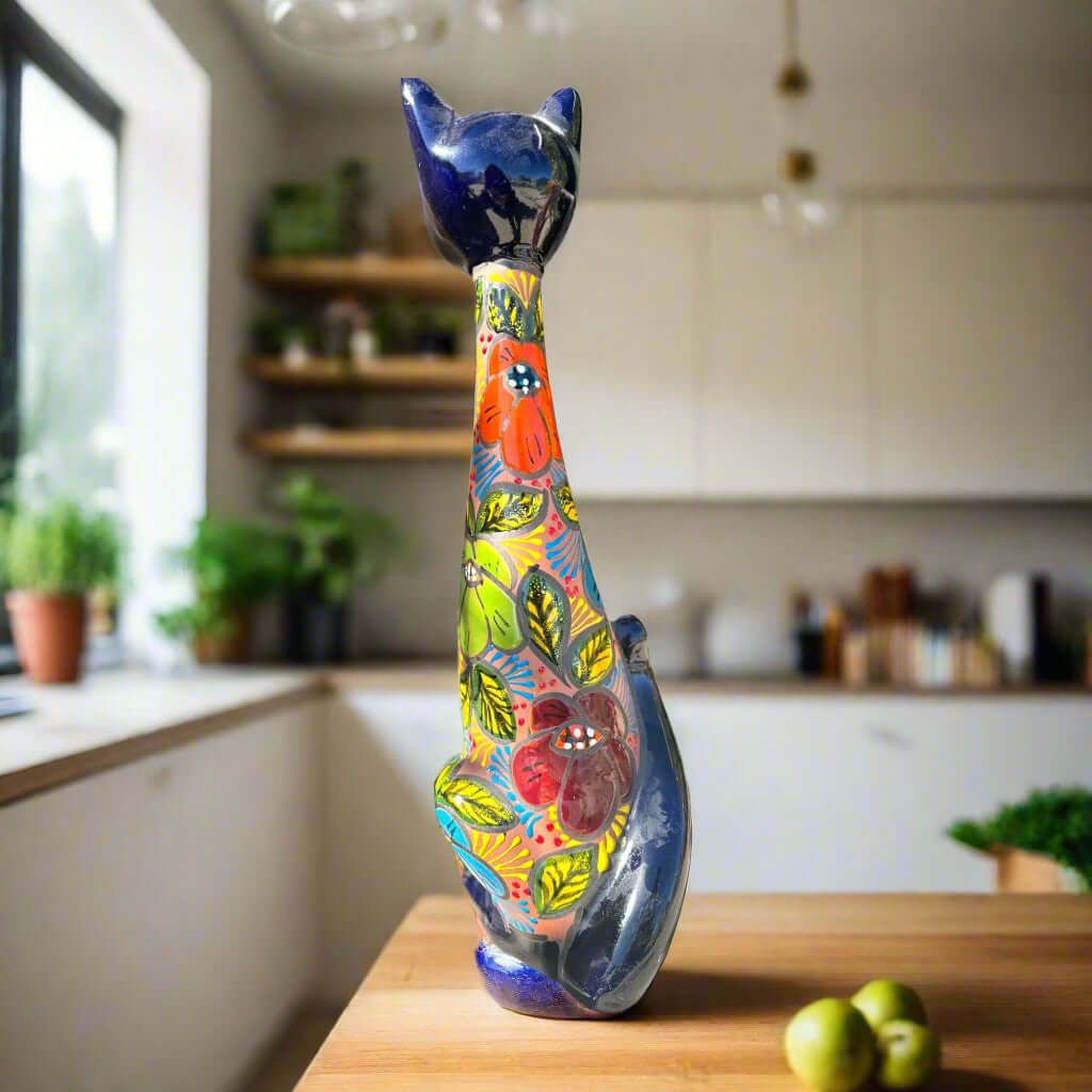 Mexican Handmade Talavera Cat Statue Cultural Artwork - - Talavera Statue