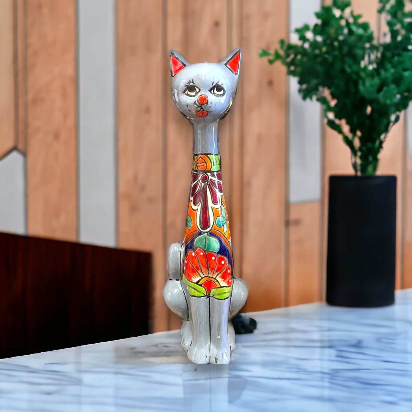 Mexican Handmade Talavera Cat Statue Cultural Artwork - - Talavera Statue