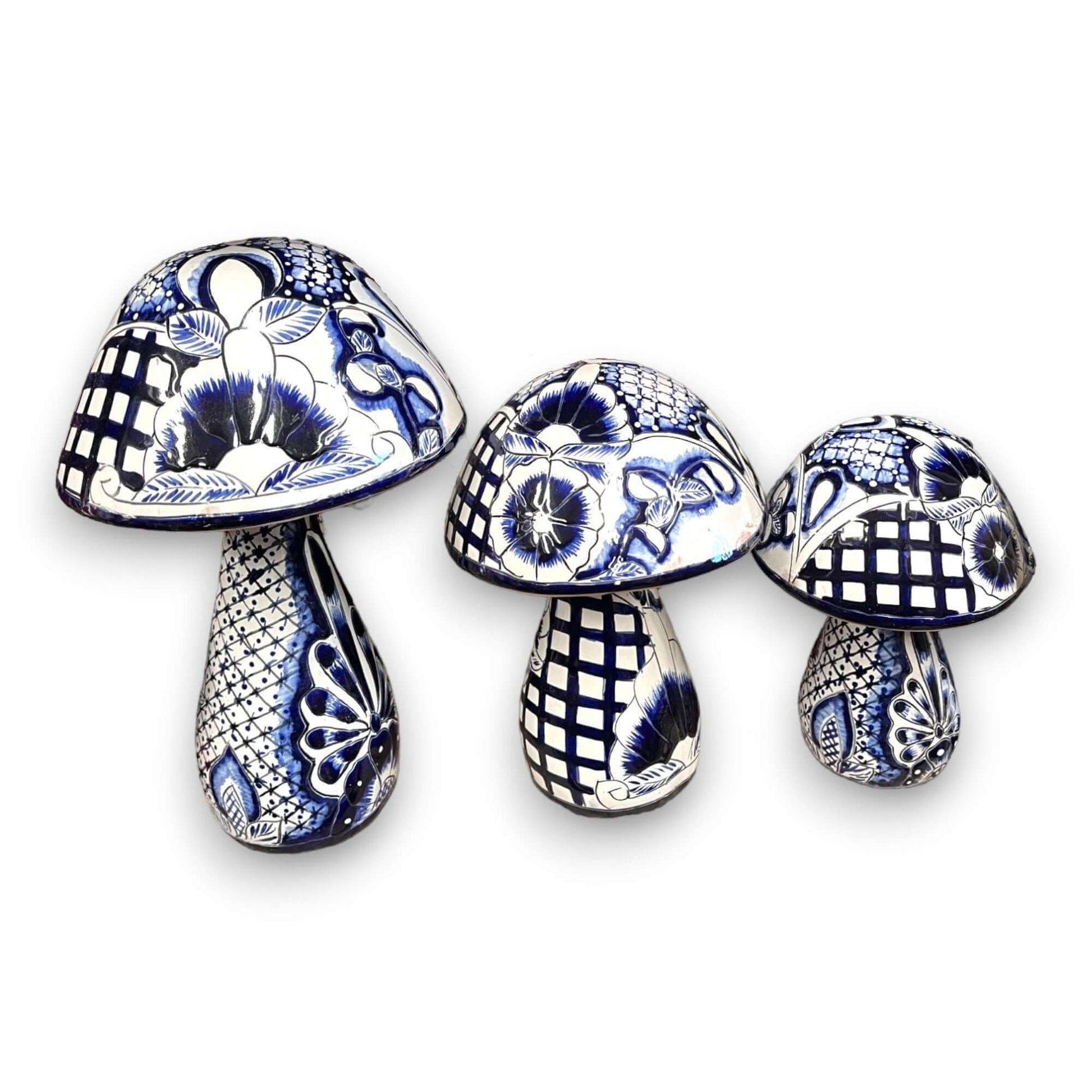 Talavera Mushroom Statue Set Hand-Painted Mexican Garden Decor - - Talavera Statue