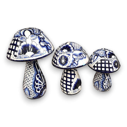 Talavera Mushroom Statue Set Hand-Painted Mexican Garden Decor - - Talavera Statue