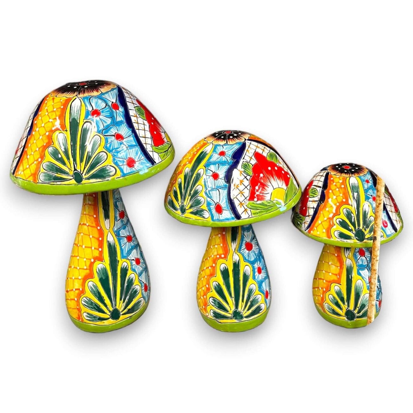 Talavera Mushroom Statue Set Hand-Painted Mexican Garden Decor - - Talavera Statue