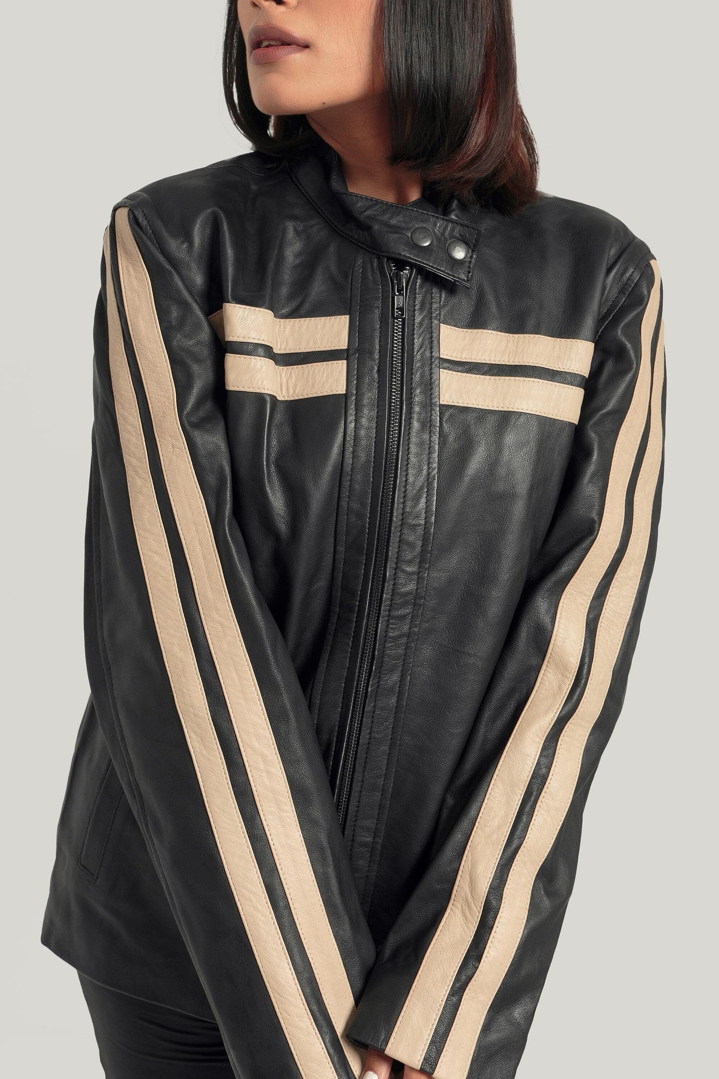 Oversized Black Leather with White Stripes Retro Bomber Jacket - - jacket