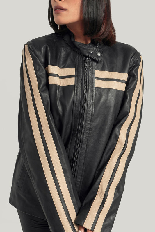 Oversized Black Jacket with White Stripes Retro Bomber Leather Jacket Handcrafted & Designed by Ox and Bulls - -