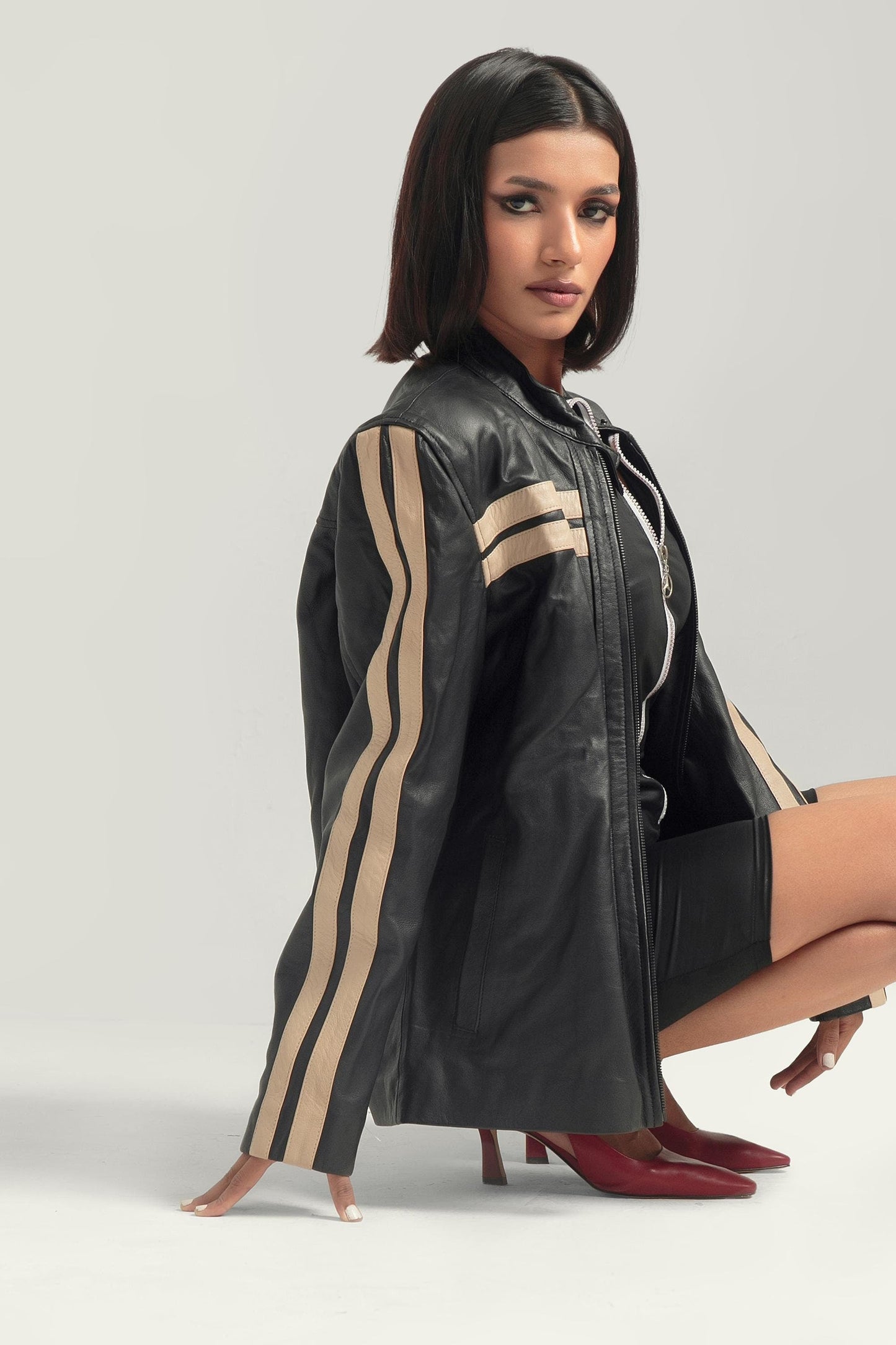 Oversized Black Leather with White Stripes Retro Bomber Jacket - - jacket
