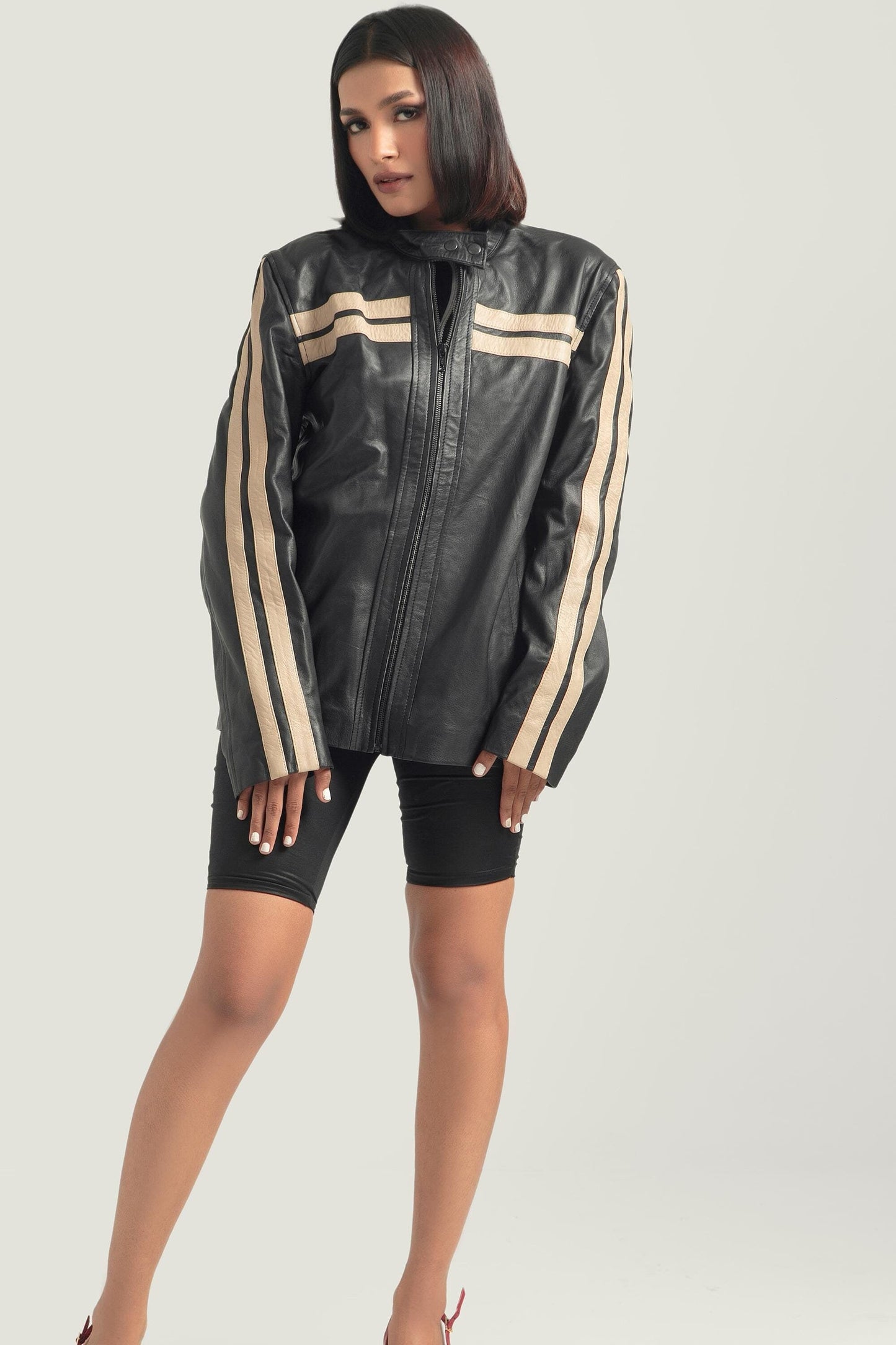 Oversized Black Leather with White Stripes Retro Bomber Jacket - XXL Lambskin - jacket