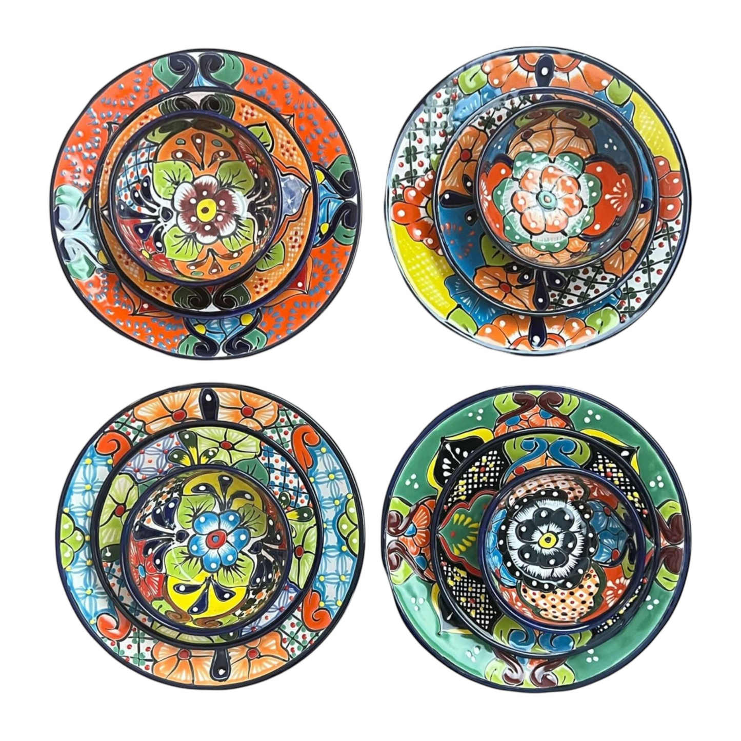 12-Piece Talavera Dinnerware Set Mexican Ceramic Plates & Bowls - - Talavera Dinnerware Set