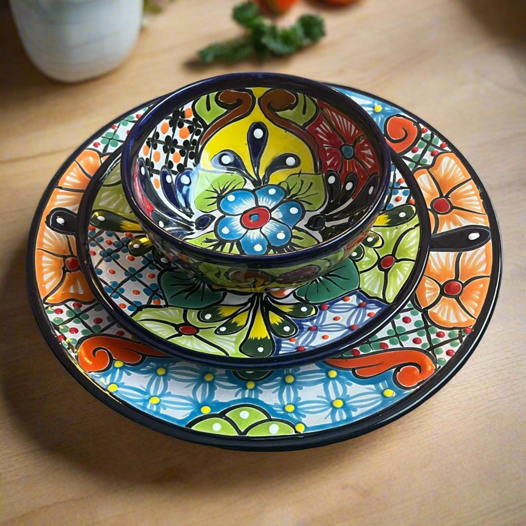 12-Piece Talavera Dinnerware Set Mexican Ceramic Plates & Bowls - - Talavera Dinnerware Set