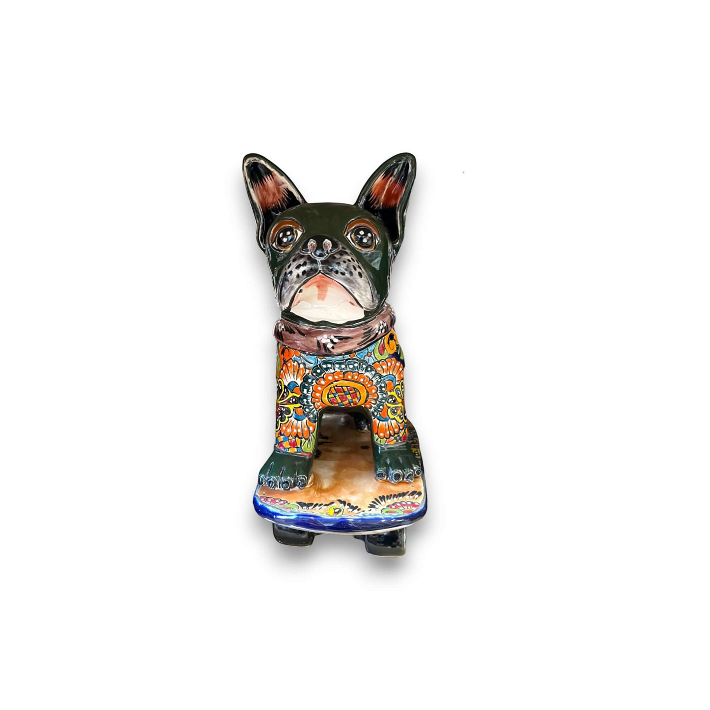Talavera Frenchie Statue Colorful Skateboarding Bulldog Art - - Talavera Statue