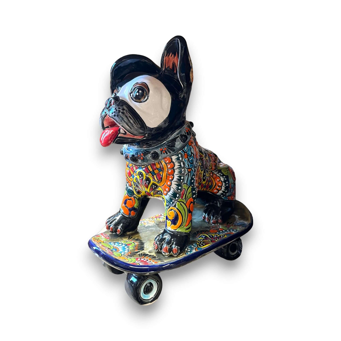 Talavera Frenchie Statue Colorful Skateboarding Bulldog Art - - Talavera Statue